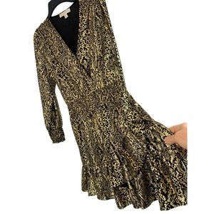 Michael Kors Sz M Gold Metalic Fit & Flare Ruffle Animal Print Dress Smock6716